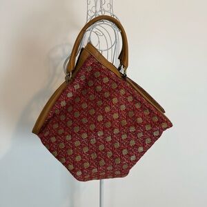 Pertegaz straw leather tote square attached wallet brown red made in Spain